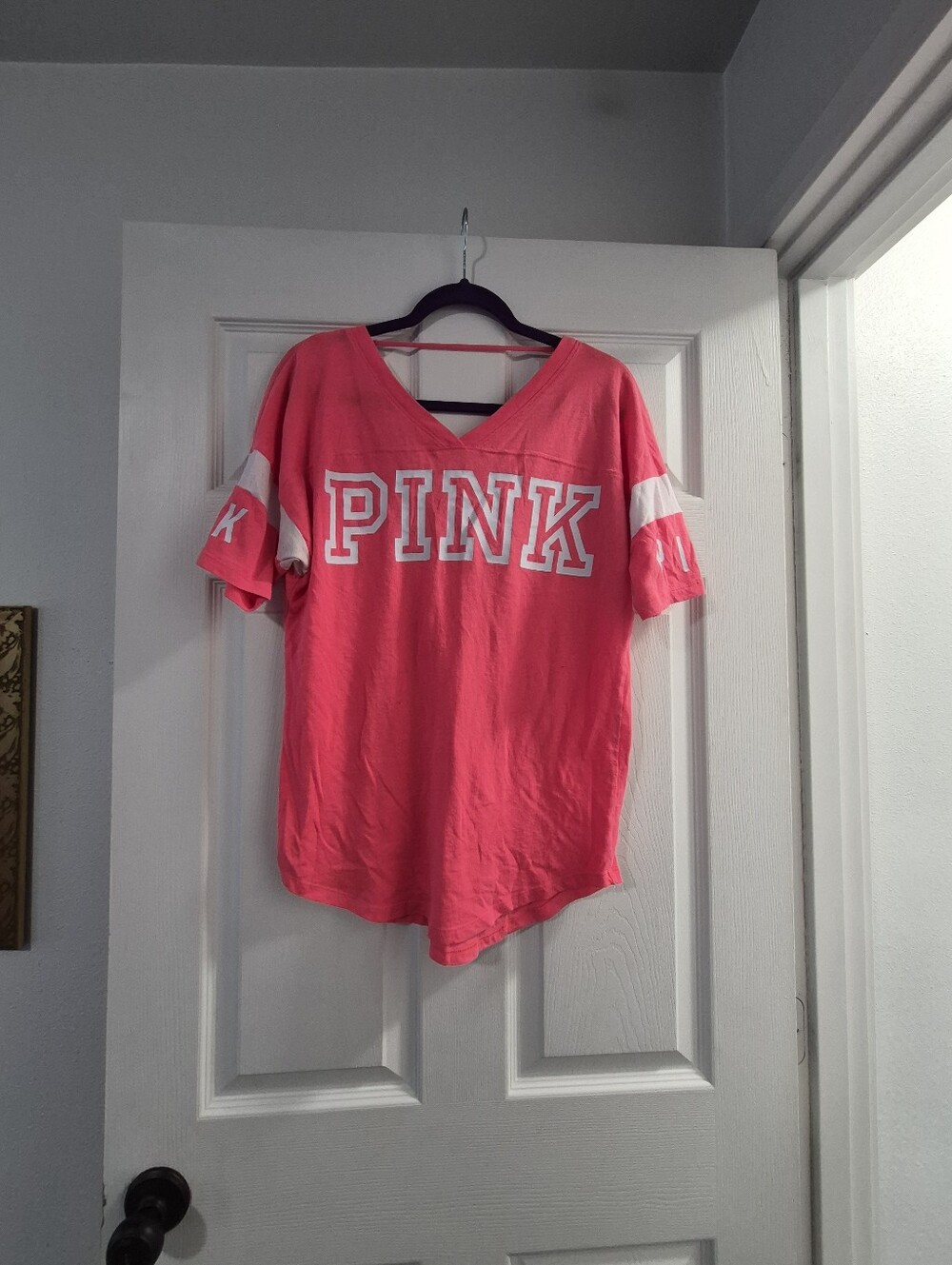 PINK Victoria's Secret Women's V-Neck Short Sleeve Top in Bright Pink Oversized
